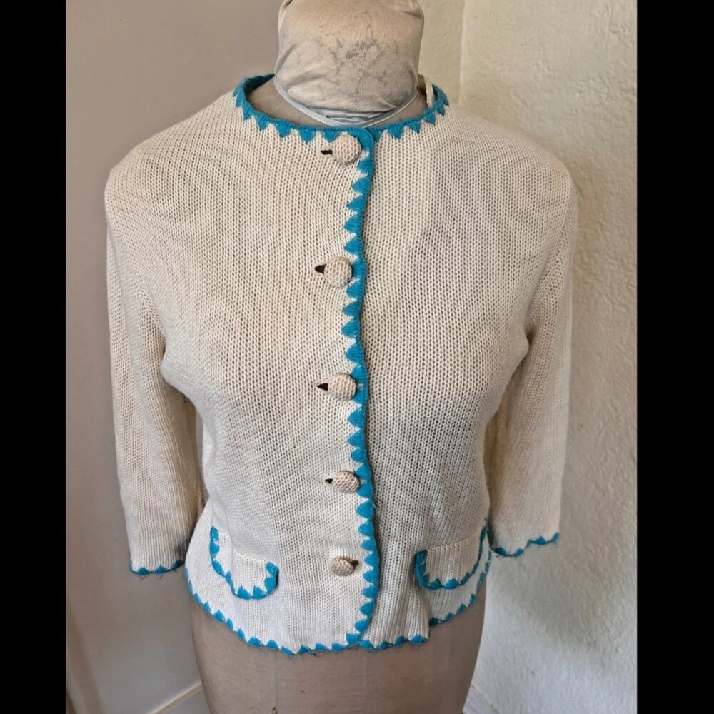 Blue Cardigan Sweater off white teal blue button up crew neck 1950s 1960s